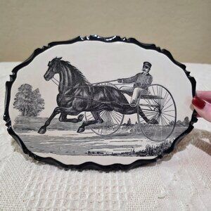 Vintage Victorian Harness Horse Racing Wooden Plaque Picture Pen Ink Lacquered